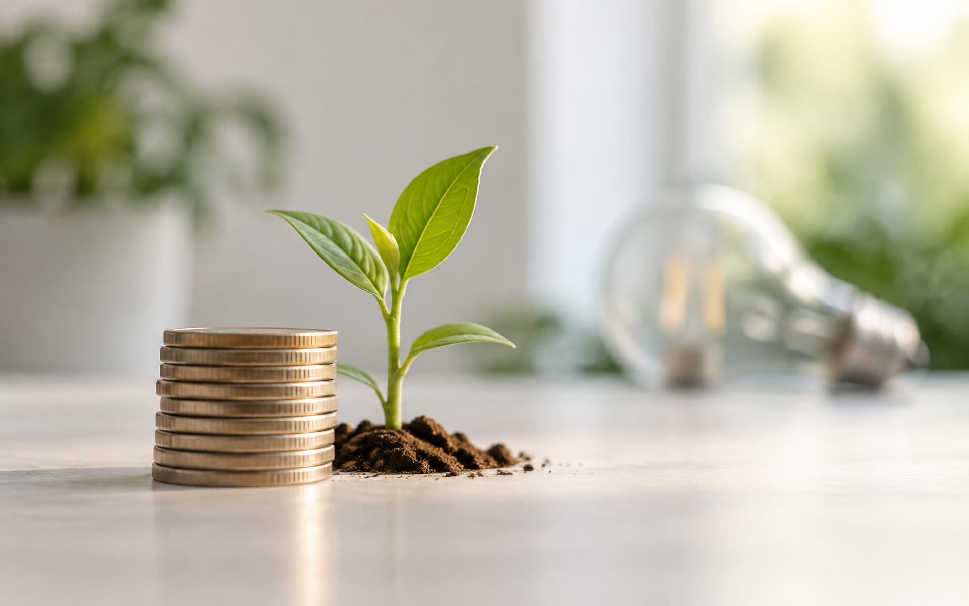 Alcancía y monedas junto a pellets de madera y una calculadora como símbolo de ahorro