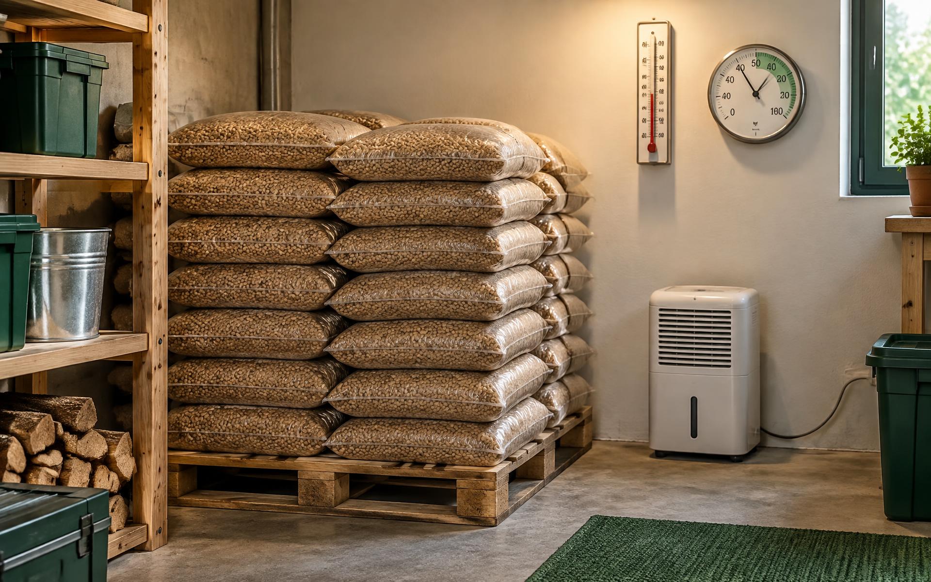 Sacos de pellets de madera apilados en un cuarto seco con termómetro e higrómetro